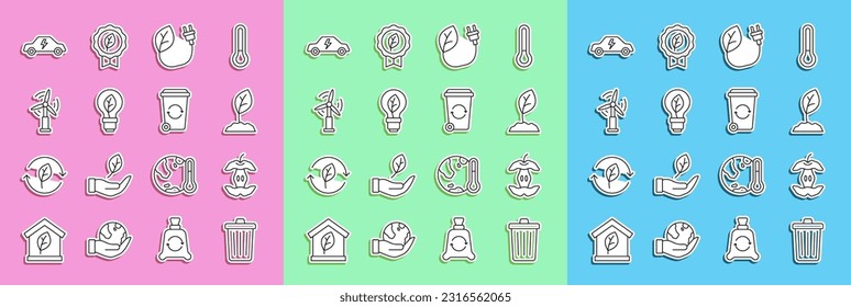 Set line Trash can, Apple core, Sprout, Electric saving plug in leaf, Light bulb with, Wind turbine, car and Recycle icon. Vector