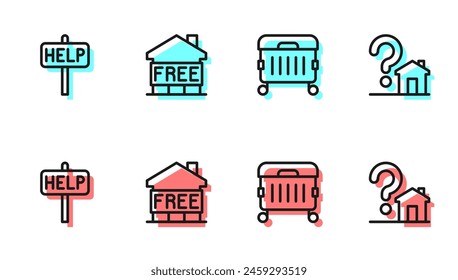 Set line Trash can, Ask for help text, Shelter homeless and House with question mark icon. Vector