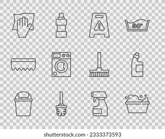 Set line Trash can, Basin with soap suds, Wet floor, Toilet brush, Cleaning service, Washer, spray bottle and Bottle for cleaning agent icon. Vector