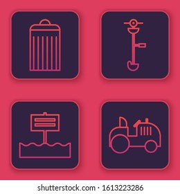 Set line Trash can, Blank wooden sign board, Grass and weed electric string trimmer and Tractor. Blue square button. Vector