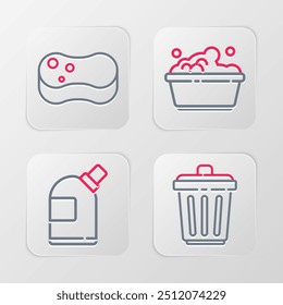 Definir linha Lixeira, Garrafas para agente de limpeza, Bacia de plástico com sabão e ícone de esponja. Vetor