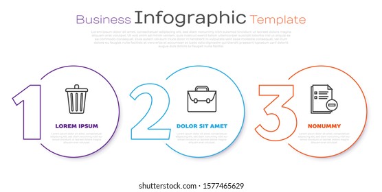 Set line Trash can, Briefcase and Document with minus. Business infographic template. Vector