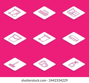 Set line Trash can, Brush for cleaning, Electric iron and towel, Bucket, Sponge, Mop and Washing dishes icon. Vector