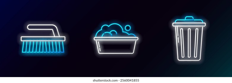 Set line Trash can, Brush for cleaning and Plastic basin with soap suds icon. Glowing neon. Vector