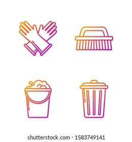 Set line Trash can , Bucket with foam and bubbles , Rubber gloves  and Brush for cleaning . Gradient color icons. Vector