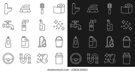 Fijar la línea Bastón de basura, Cubo, Servicio de limpieza en casa, Bañera de inodoro, Frasco de pulverización de aire fresco, Grifo de agua, cuenco e ícono de líquido lavado de lavado. Vector