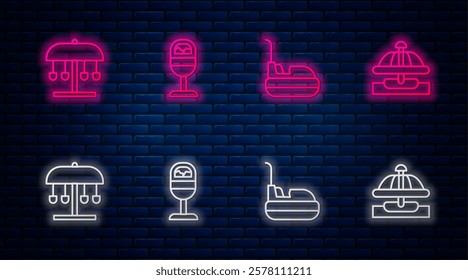 Set line Trash can, Bumper car, Attraction carousel and . Glowing neon icon on brick wall. Vector