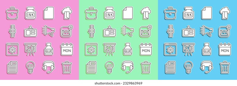 Set line Trash can, Calendar, Envelope, File document, Identification badge, Wrist watch, Briefcase and Megaphone icon. Vector