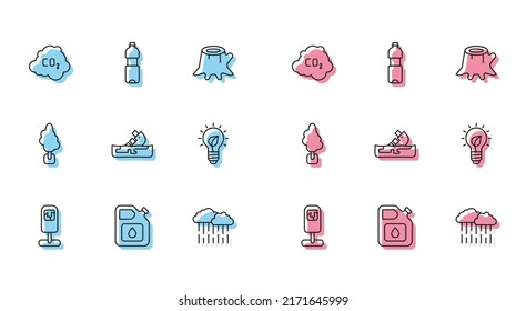 Set line Trash can, Canister for gasoline, CO2 emissions cloud, Cloud with rain, Wrecked oil tanker ship, Light bulb leaf, Tree and Bottle of water icon. Vector
