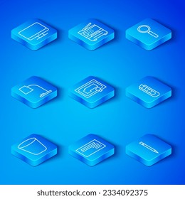 Fijar línea Bastón, plantilla de certificado, tarjeta de visita, cuchillo de estacionamiento, vidrio de aumento, lámpara de mesa, pantalla de monitor de ordenador y lápiz con icono de borrador. Vector