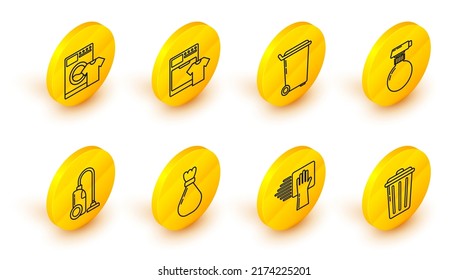 Set line Trash can, Cleaning service, Garbage bag, Vacuum cleaner, Washer and t-shirt and  icon. Vector