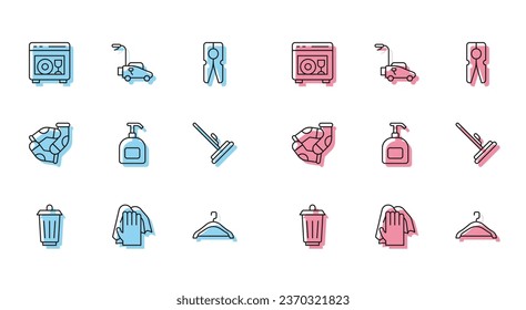 Fijar la línea de la lata de basura, servicio de limpieza, lavavajillas, guardarropa, botella de jabón líquido, Mop, Socks y icono de la cortadora de césped. Vector