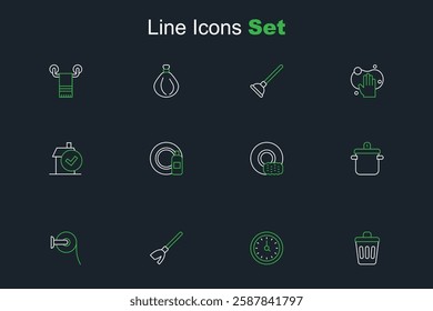 Set line Trash can, Clock, Handle broom, Toilet paper roll, Cooking pot, Washing dishes, Dishwashing bottle plate and Home cleaning service icon. Vector