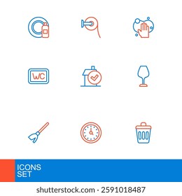 Set line Trash can, Clock, Handle broom, Wine glass, Toilet, Home cleaning service, Sponge and paper roll icon. Vector