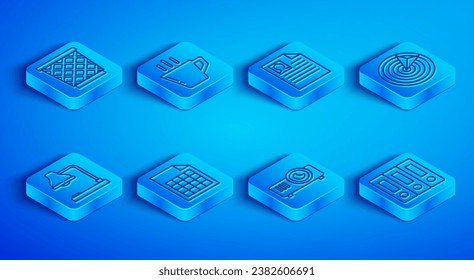 Set line Trash can, Coffee cup, Resume, File document, Movie, film, media projector, Target sport, Table lamp and Office folders icon. Vector