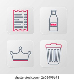 Set line Trash can, Crown, Glass bottle milk and cap and Paper or financial check icon. Vector