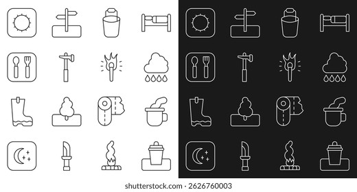 Set line Trash can, Cup of tea, Cloud with rain, Bucket, Hammer, Fork and spoon, Sun and Torch flame icon. Vector