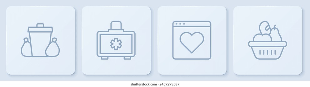 Set line Trash can, Dating app online, First aid kit and Donation food box. White square button. Vector