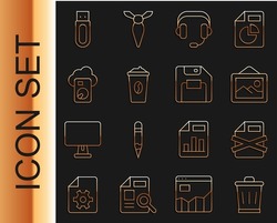 Set Line Trash Can, Delete File Document, Picture Landscape, Headphones, Coffee Cup To Go, Cloud Database, USB Flash Drive And Floppy Disk Icon. Vector