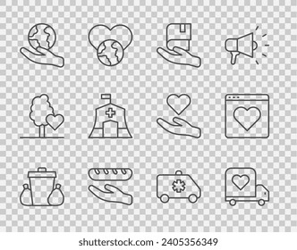 Fijar la línea Bastón de basura, Camión de entrega con corazón, donación de libros, comida de donación, retener la mano del globo terrestre, tienda médica de emergencia, auto y icono de la aplicación de citas en línea. Vector