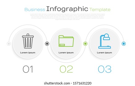 Set line Trash can, Document folder and Table lamp. Business infographic template. Vector