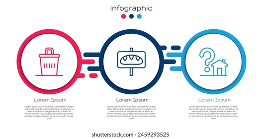 Set line Trash can, Donation food and House with question mark. Business infographic template. Vector