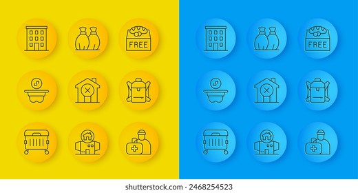 Set line Trash can, Donation money, No house, First aid kit, Hiking backpack, Multi storey building, food and Garbage bag icon. Vector