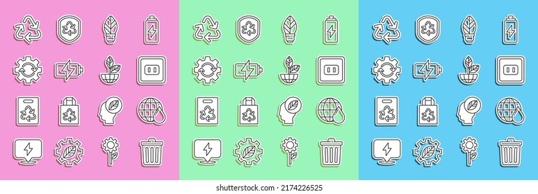 Set line Trash can, Earth planet in water drop, Electrical outlet, Light bulb with leaf, Battery, Gear and arrows workflow, Recycle symbol and globe plant icon. Vector