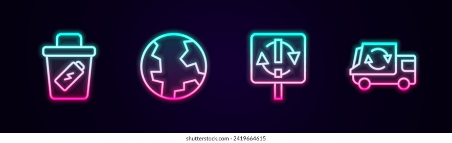 Set line Trash can, Earth globe, Recycle symbol and Garbage truck. Glowing neon icon. Vector