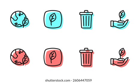 Set line Trash can, Earth globe and leaf, Leaf Eco symbol and Plant in hand icon. Vector