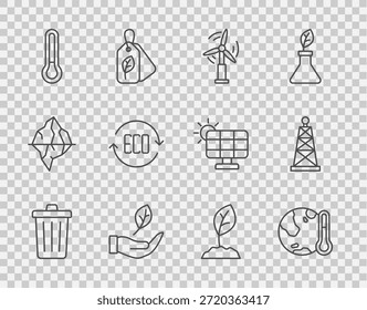 Fije la línea Bote de basura, fusión de la tierra al calentamiento global, turbina de viento, mano de la hoja, termómetro, símbolo ecológico, germinado e icono de la plataforma petrolera. Vector