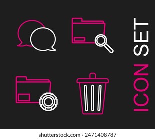 Set line Trash can, Folder settings with gears, Search concept folder and Speech bubble chat icon. Vector