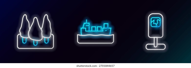 Fije el icono del barco de la basura, del bosque y del petrolero. Brillante neón. Vector