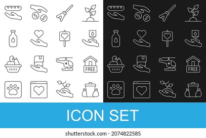 Fijar la línea Bastón de basura, Entrega gratuita de casa, donación de sangre, Mop, Corazón en mano, Botella de agua, Donación de comida y Ubicación con icono del corazón. Vector