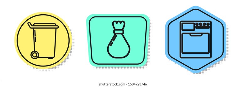 Set line Trash can , Garbage bag  and Washer . Colored shapes. Vector