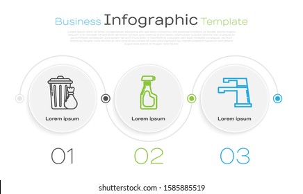 Set line Trash can and garbage bag , Cleaning spray bottle with detergent liquid  and Water tap . Business infographic template. Vector