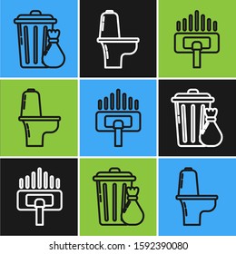 Set line Trash can and garbage bag , Vacuum cleaner and Toilet bowl  icon. Vector