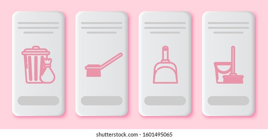 Set line Trash can and garbage bag , Toilet brush , Dustpan  and Mop and bucket . White rectangle button. Vector