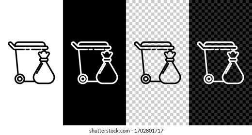 Set line Trash can and garbage bag icon isolated on black and white background. Garbage bin sign. Recycle basket icon. Office trash icon. Vector Illustration