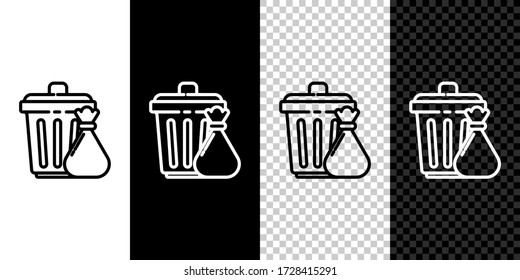 Set line Trash can and garbage bag icon isolated on black and white background. Garbage bin sign. Recycle basket icon. Office trash icon. Vector Illustration