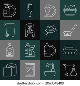 Set line Trash can and garbage bag, Brush for cleaning, Dishwashing liquid bottle plate, Wet floor progress,  and Washing hands with soap icon. Vector