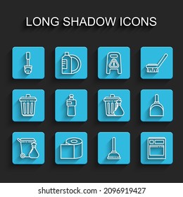 Set line Trash can and garbage bag, Toilet paper roll, brush, Rubber plunger, Kitchen dishwasher machine, Dishwashing liquid bottle, Dustpan and  icon. Vector