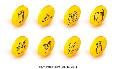 Set line Trash can, Garbage bag, Drying clothes, Basin with soap suds, Cleaning service, Home cleaning, Hanger wardrobe and Full trash icon. Vector