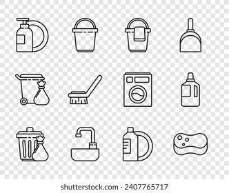 Set line Trash can and garbage bag, Sponge, Bucket with rag, Washbasin water tap, Dishwashing liquid bottle plate, Brush for cleaning,  and Fabric softener icon. Vector