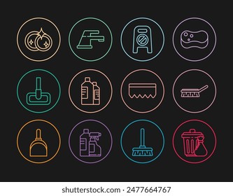 Set line Trash can and garbage bag, Brush for cleaning, Wet floor progress, Bottles agent, Mop, Washing dishes, Sponge with bubbles and Water tap icon. Vector