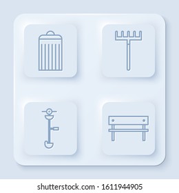 Set line Trash can, Garden rake, Grass and weed electric string trimmer and Bench. White square button. Vector
