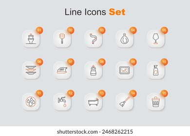 Set line Trash can, Handle broom, Bathtub, Water tap, drop, Cleaning spray with detergent, Toilet and Dishwashing liquid bottle icon. Vector