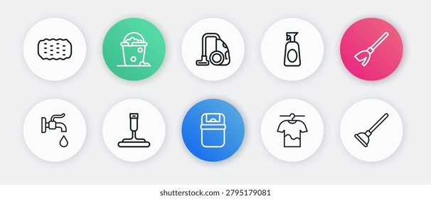 Set line Trash can, Handle broom, Water tap, Drying clothes, Cleaning spray with detergent, Vacuum cleaner, Rubber plunger and for windows icon. Vector