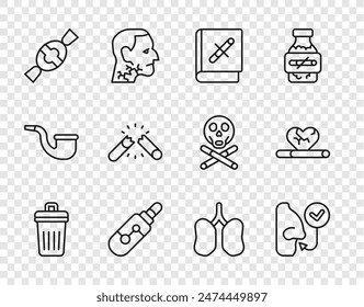 Set line Trash can, Healthy breathing, Book with stop cigarette, Electronic, Candy, Broken, Lungs and Heart disease smoking icon. Vector