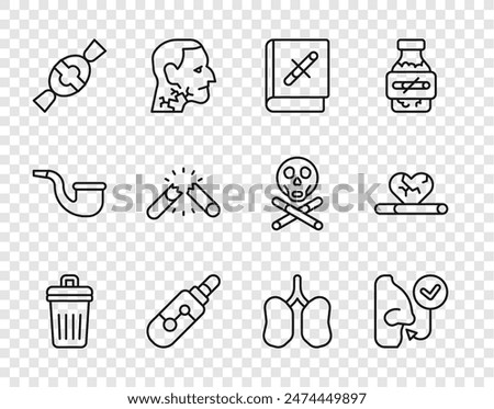 Set line Trash can, Healthy breathing, Book with stop cigarette, Electronic, Candy, Broken, Lungs and Heart disease smoking icon. Vector